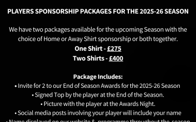 Player Sponsor Package Season 2025/25 – Limited Availability remaining